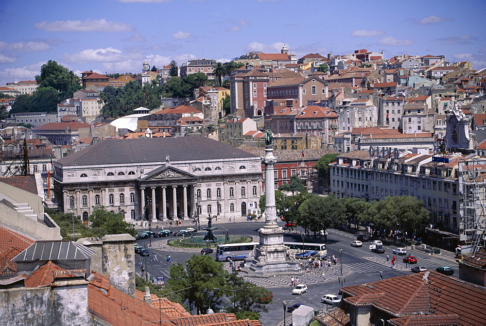 Aerial view of Rossio Square and city, Lisbon, Portugal, Europe