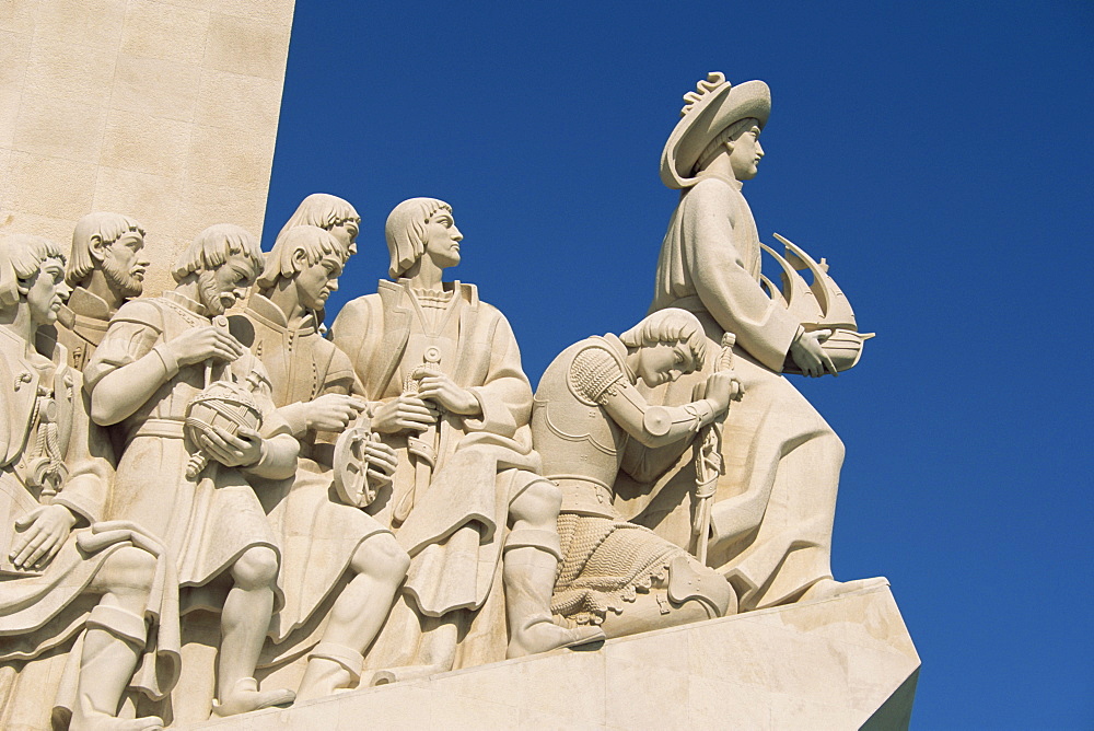 Detail of figures on the Monument to the Discoveries at Belem, Lisbon, Portugal, Europe