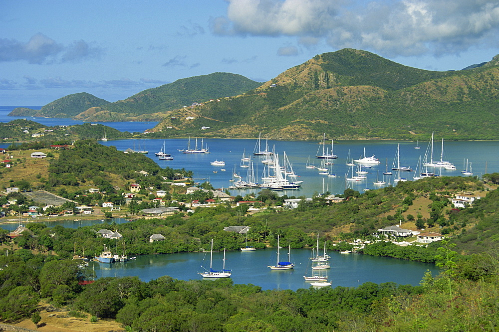 Aerial view over Falmouth Bay, with moored yachts, Antigua, Leeward Islands, West Indies, Caribbean, Central America