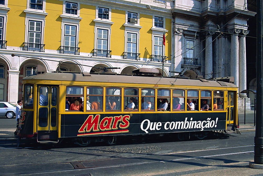 A tram advertising Mars bars in the city of Lisbon, Portugal, Europe