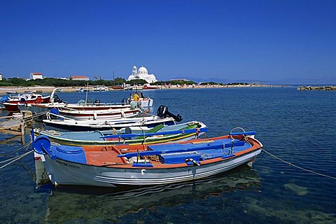 Moored fishing boats on the waterfront near the Scala, Agistri, Saronic Islands, Greek Islands, Greece, Europe