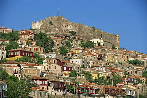 The town and castle on the skyline at Molyvos, on Lesbos, North Aegean Islands, Greek Islands, Greece, Europe