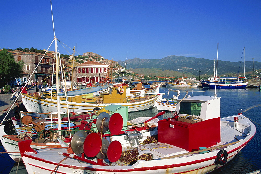 Fishing boats moored in harbour at Molyvos, Lesbos, North Aegean Islands, Greek Islands, Greece, Europe