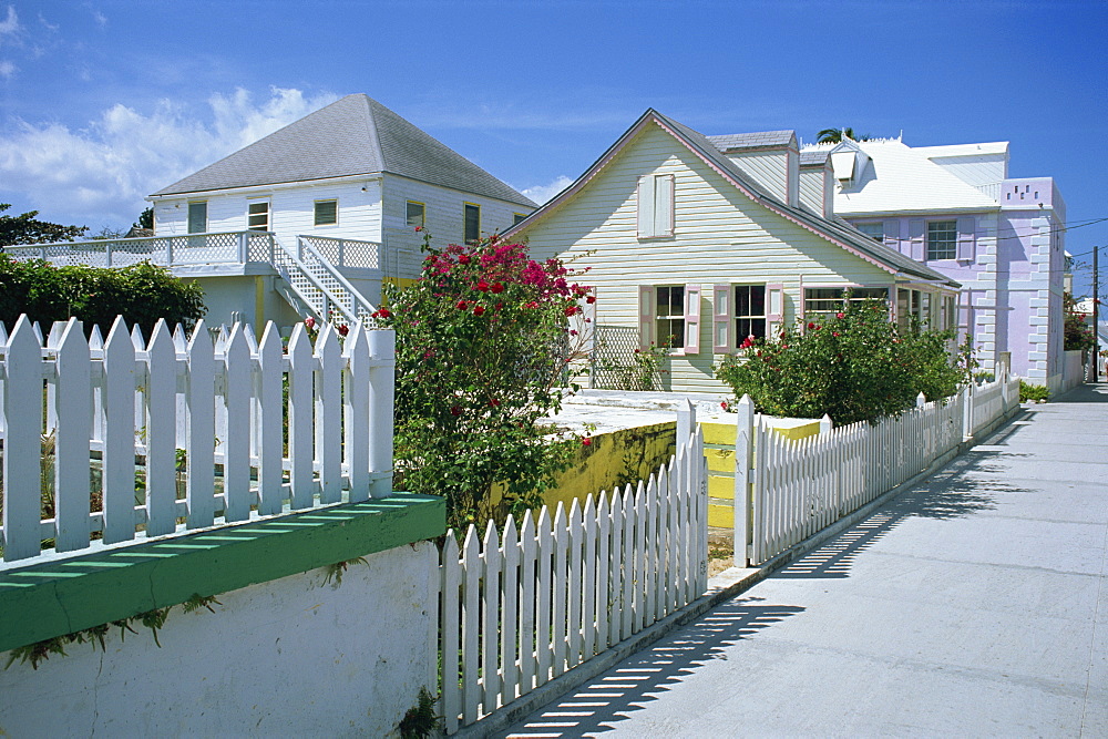 Quiet street scene and houses, New Plymouth, Green Turtle Cay, Bahamas, West Indies, Central America