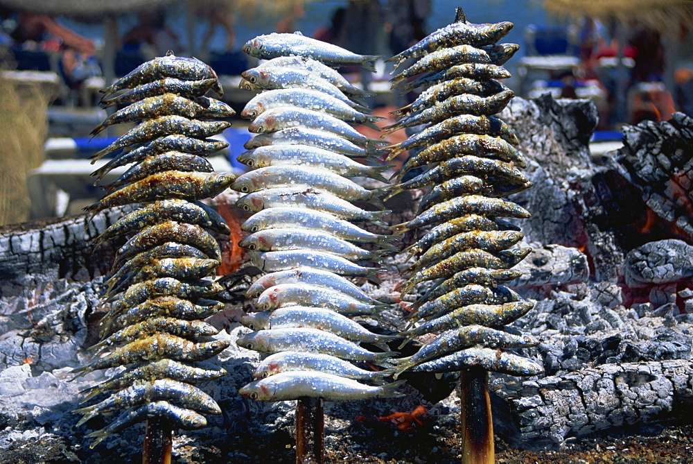 Charcoal grilled sardines, Costa del Sol, Andalucia, Spain, Europe