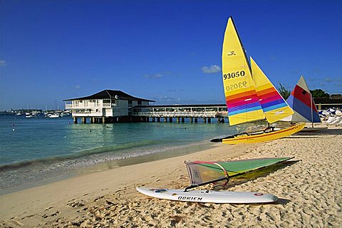 Yellow boat, Pebble Beach, Barbados, West Indies, Caribbean, Central America