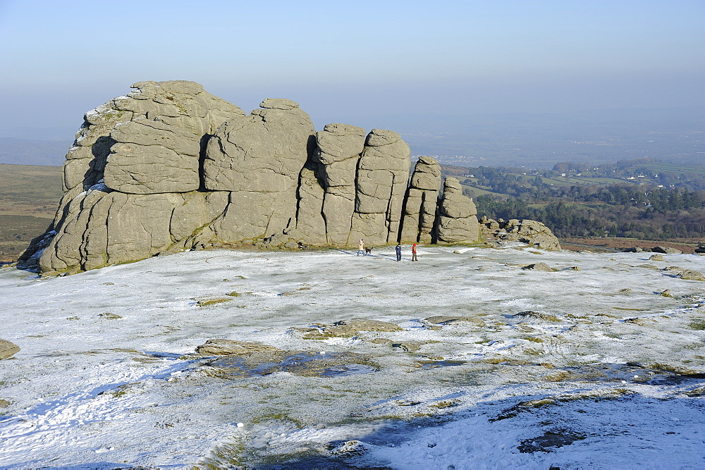 Haytor rocks with snow and ice, in the area where the film War Horse was filmed, Dartmoor National Park, Devon, England, United Kingdom, Europe