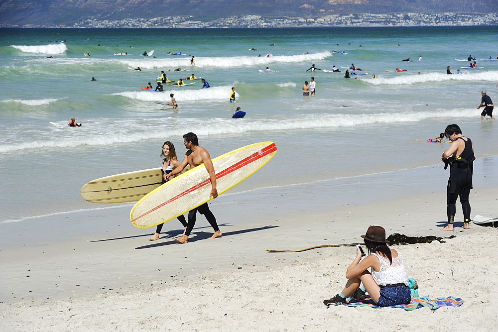 Beach, sea and surfers, Muizenberg, Cape Province, South Africa, Africa