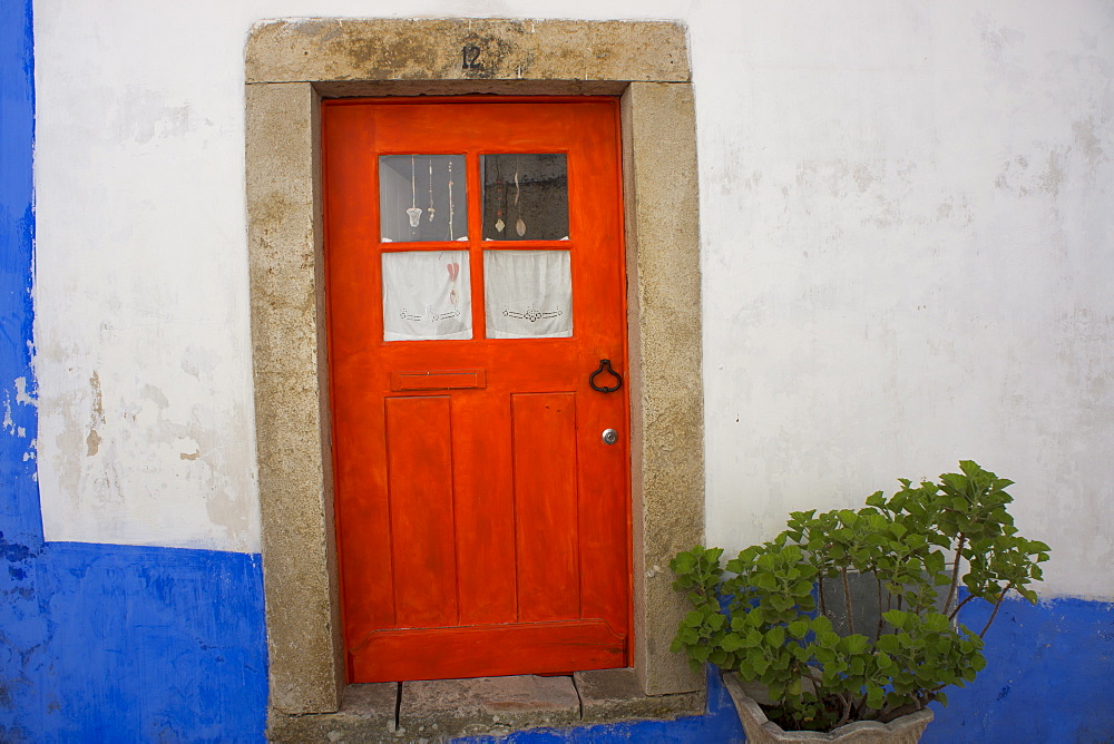 Door in the walled medieval town, declared national monument, Obidos, Estremadura, Portugal, Europe