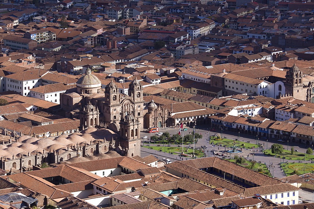 Aerial view of Cusco, with the cathedral and the Company of Jesus church, Cuzco, Peru, South America