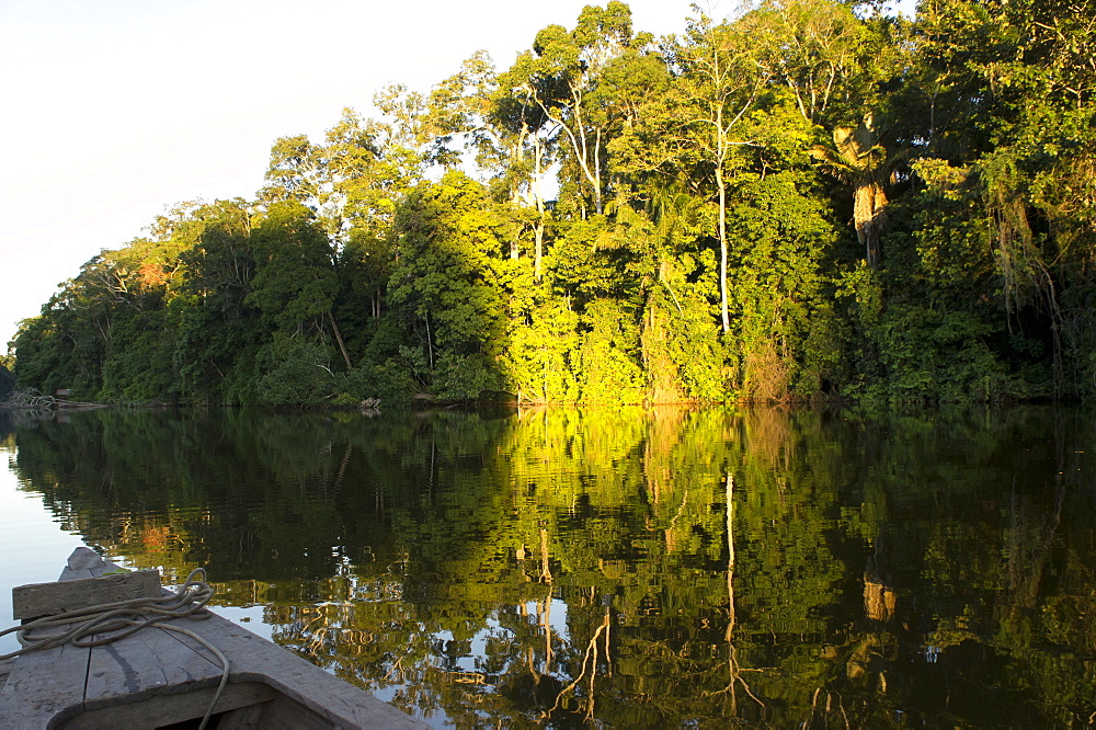 Tourist boat on Lake Salvador, Manu National Park, Peru, South America