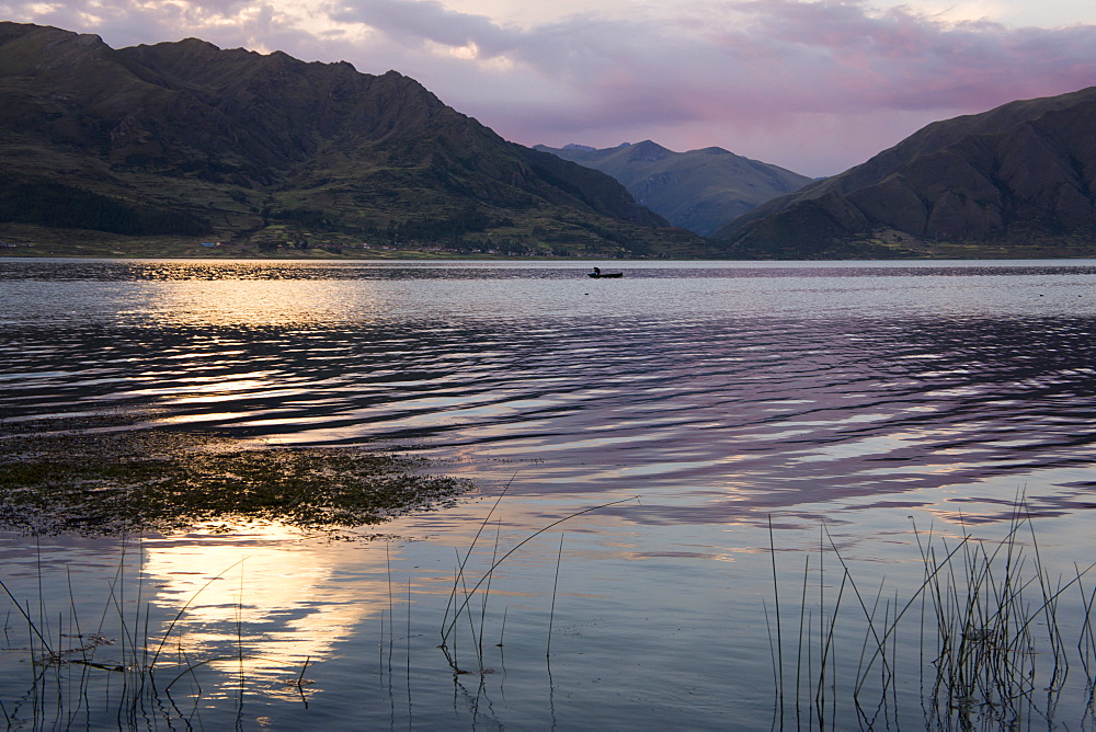 Quatro Lagunas (Four Lakes) in evening light in the Andes, Peru, South America