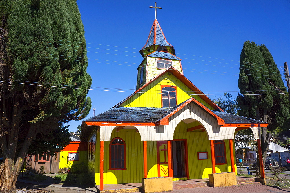 All wood church in the fishing village of Quemchi, island of Chiloe, Chile, South America