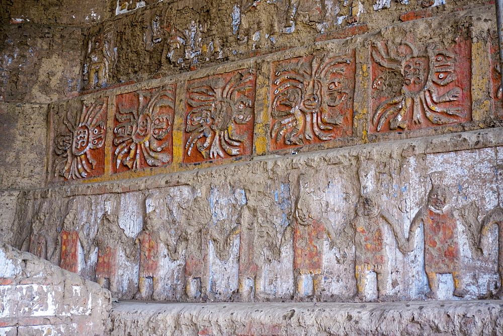 Huaca del Sol y de la Luna, precolombian (Moche) structure, polychrome friezes, Peru, South America