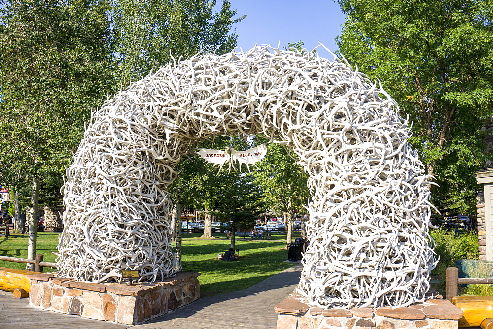 Large arch made of elk antlers, Jackson Hole, Wyoming, United States of America, North America