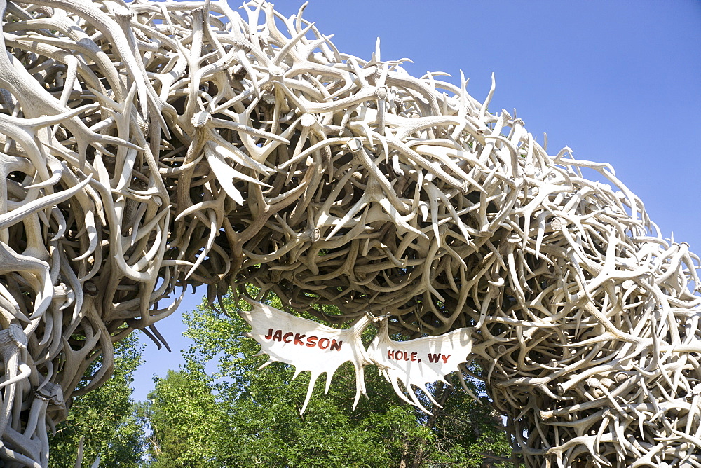 Large arch made of elk antlers, Jackson Hole, Wyoming, United States of America, North America