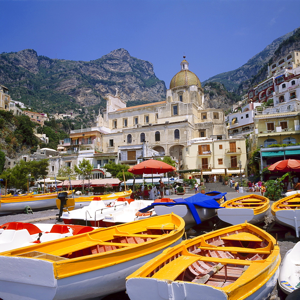 Moored boats and church, Positano, Campania, Itay 