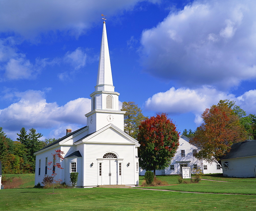 White wooden church in the Shaker village of Canterbury, New Hampshire, New England, United States of America, North America