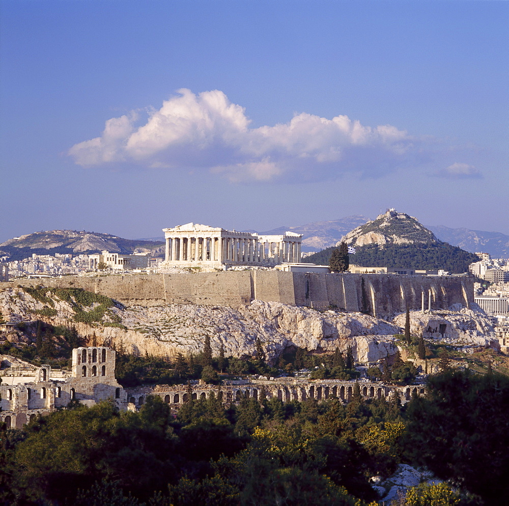 Skyline of the Acropolis with Lykabettos Hill in the background, Athens, Greece 