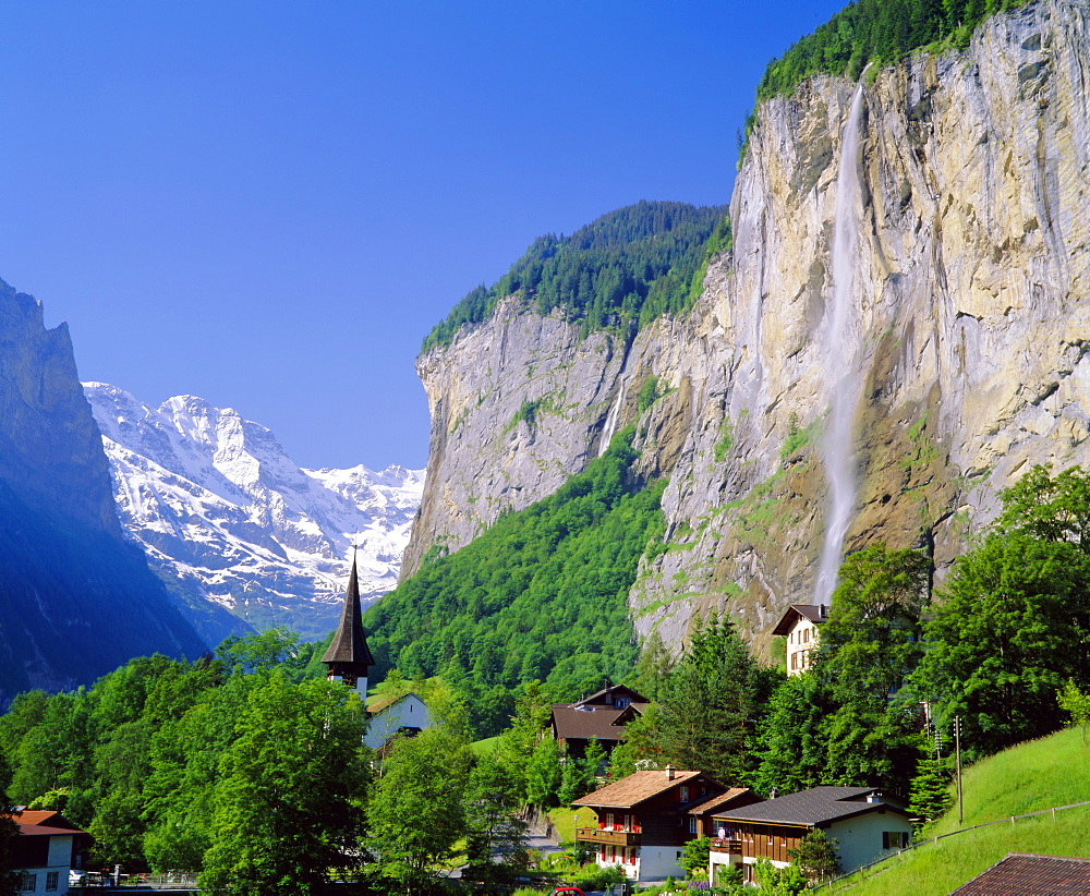 Lauterbrunnen and Staubbach Falls, Jungfrau region, Switzerland