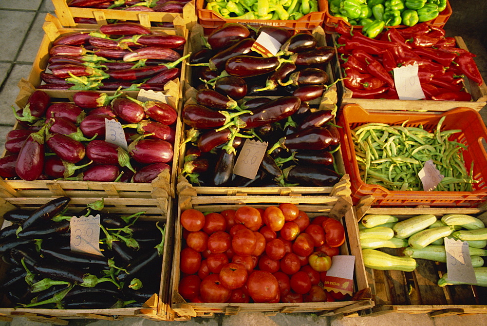 Close-up of crates of aubergines, tomatoes, peppers and other vegetables in the market at Tenerife, Canary Islands, Spain, Europe