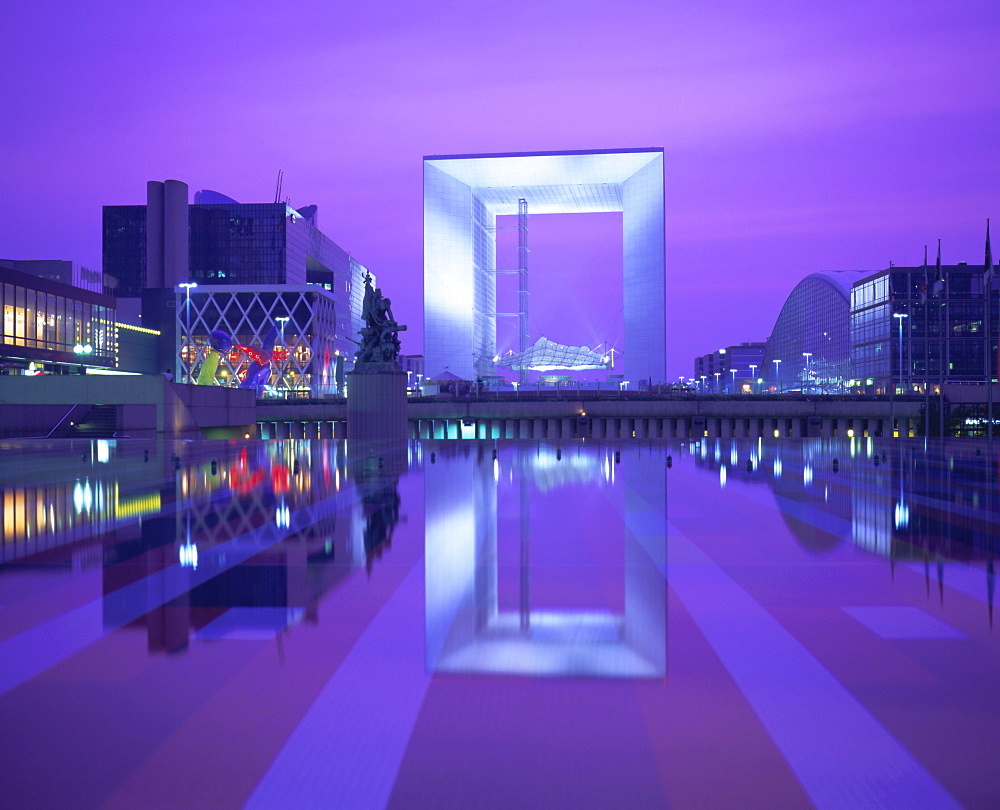 Evening reflections, La Grande Arche, La Defense, Paris, France, Europe