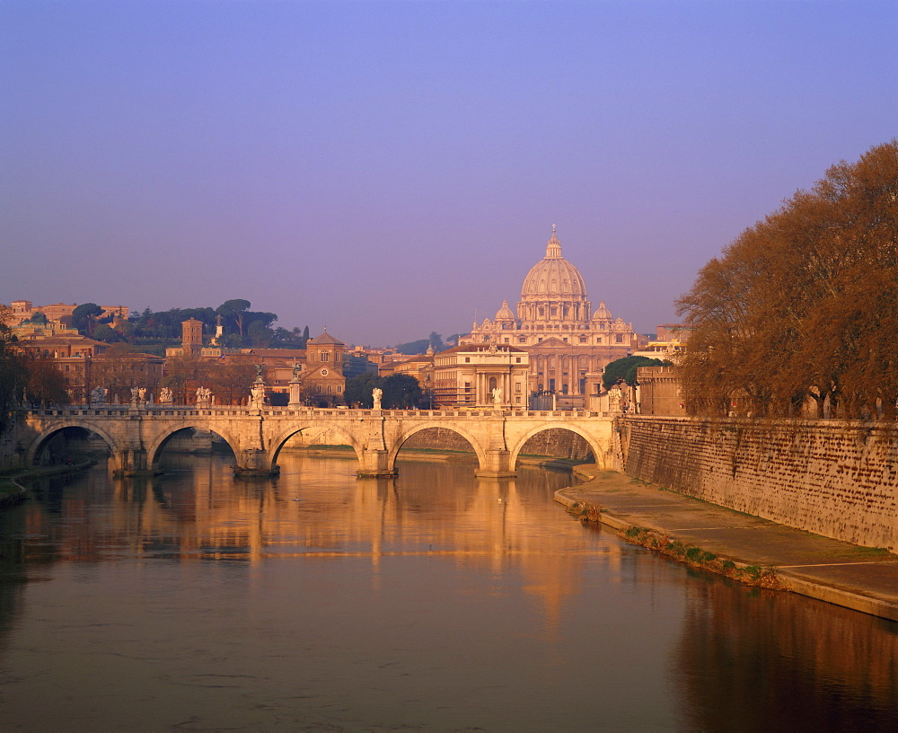 Dome of St. Peters and skyline of the Vatican above the Tiber River, Rome, Lazio, Italy, Europe