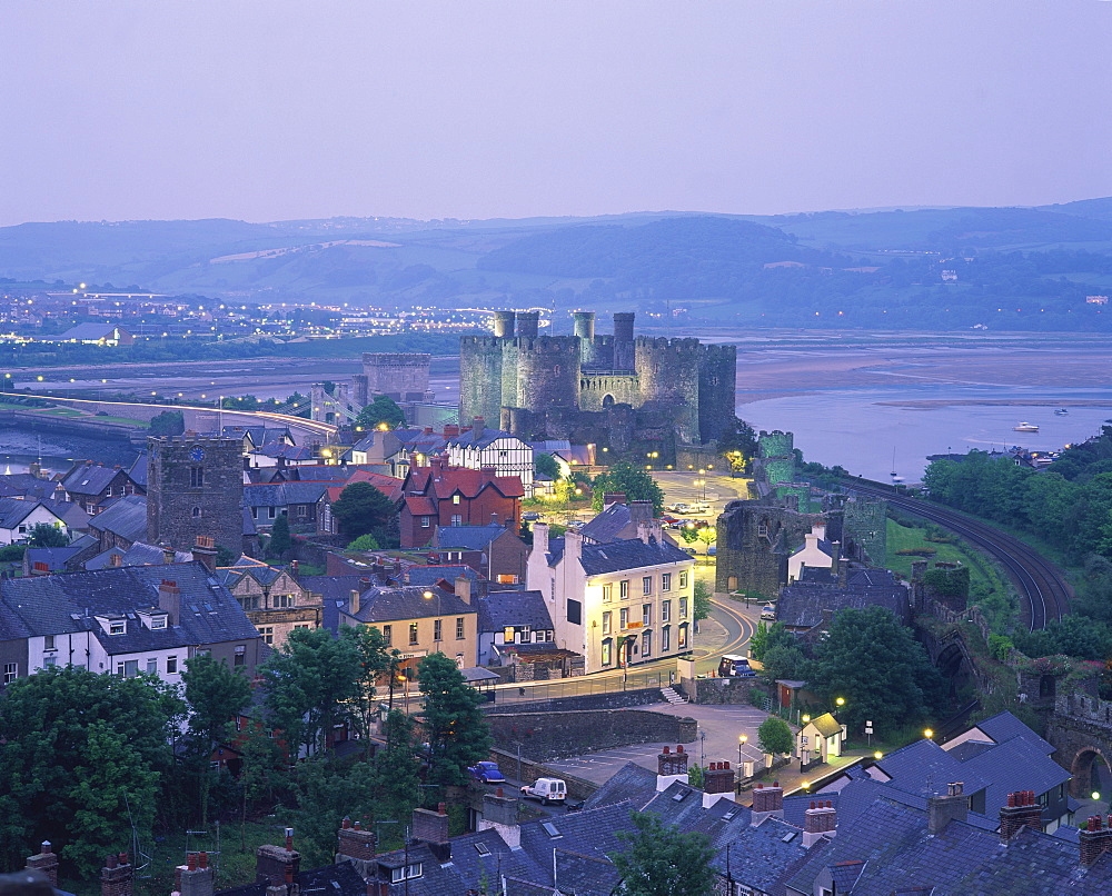 Aerial of Conway and castle, UNESCO World Heritage Site, Gwynedd, North Wales, United Kingdom, Europe