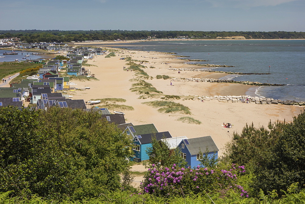 Beach Huts and sand dunes on Mudeford Spit at Hengistbury Head, Dorset, England, United Kingdom, Europe