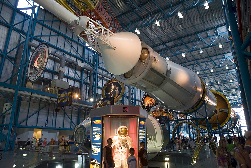 Saturn V rocket, Command and Service modules, and a space suit from Apollo 13, Kennedy Space Center, Cape Canaveral, Florida, United States of America, North America