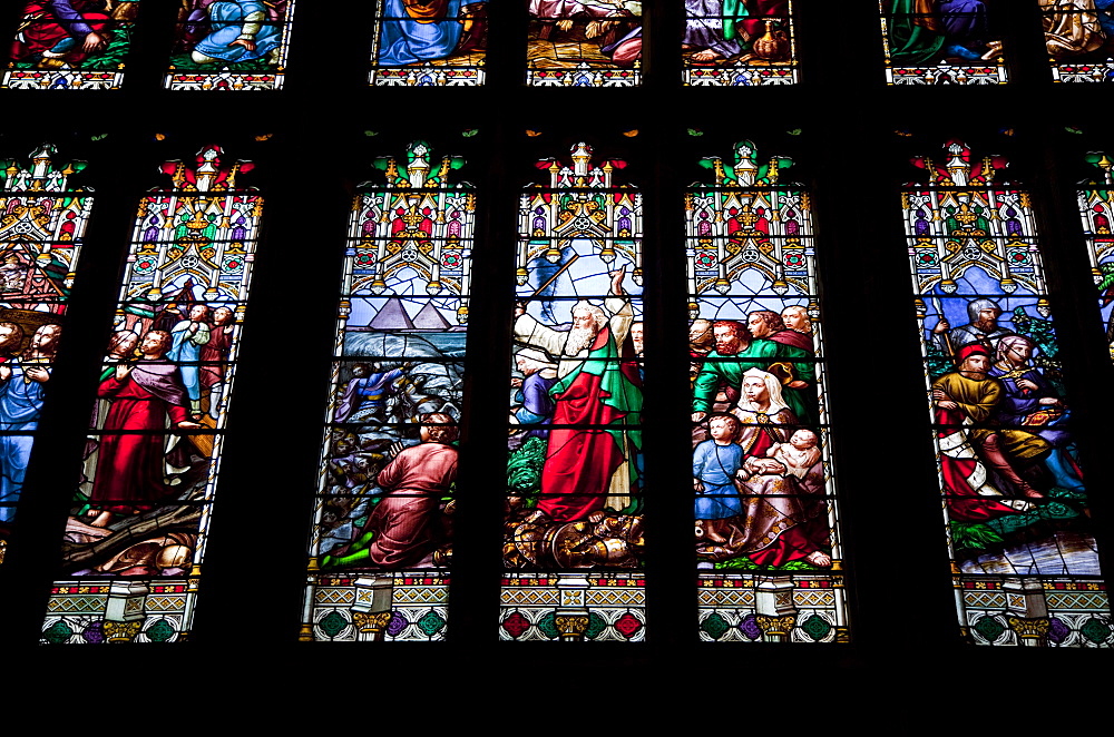 Detail of interior of Great West Window, showing Moses crossing the Red Sea, Gloucester Cathedral, Gloucester, Gloucestershire, England, United Kingdom, Europe