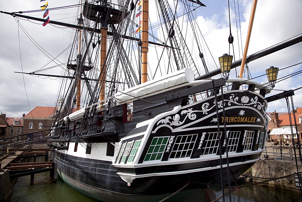 Stern view of HMS Trincomalee, British Frigate of 1817, at Hartlepool's Maritime Experience, Hartlepool, Cleveland, England, United Kingdom, Europe