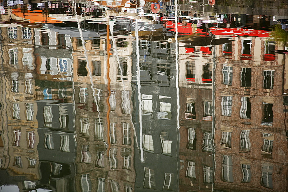 Reflections in inner harbour, Honfleur, Normandy, France, Europe