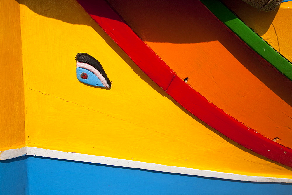 Close-up of Eye of Osiris on fishing boat, Marsaxlokk, Malta, Mediterranean, Europe