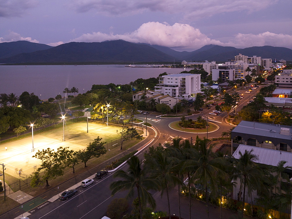 Waterfront and view towards city centre at dusk from south, Cairns, North Queensland, Australia, Pacific