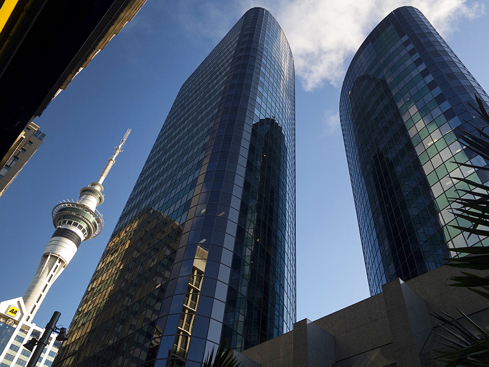 Top of Sky Tower from Darby Street, off Queen Street, Auckland, North Island, New Zealand, Pacific