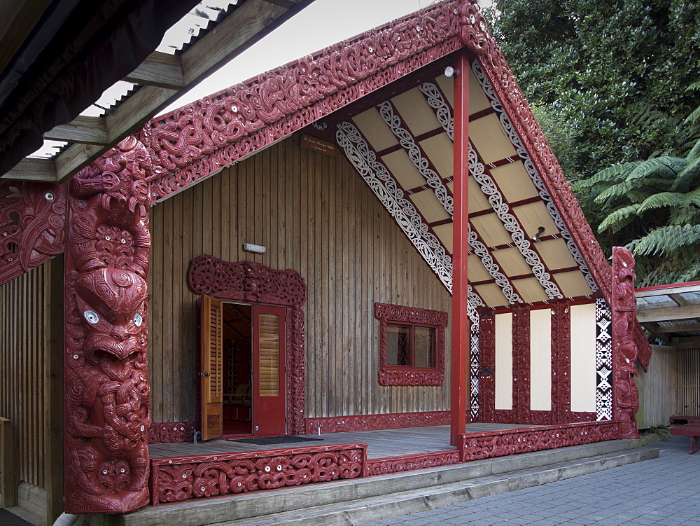 Carved Meeting House Te Tumu Herenga Waka on marae at Victoria University, Kelburn, Wellington, North Island, New Zealand, Pacific