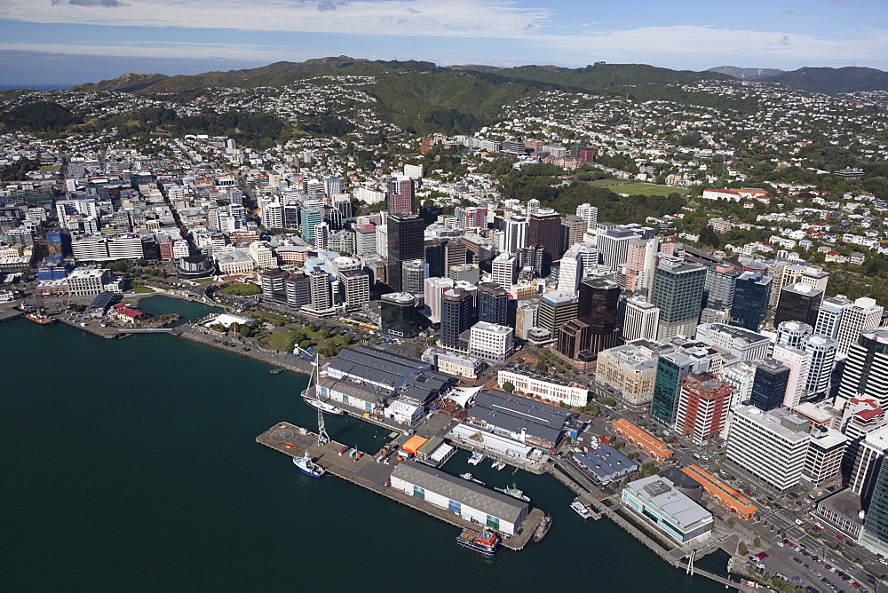 Aerial view of Wellington city centre and Queens Wharf, Wellington, North Island, New Zealand, Pacific