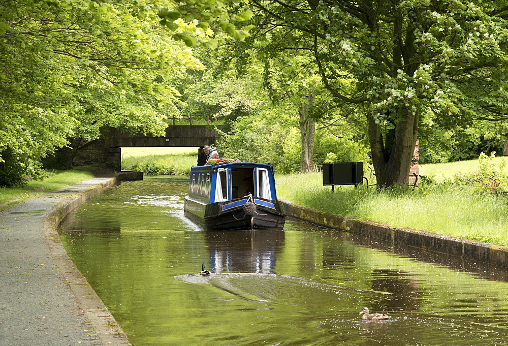 A narrow boat on the Llangollen Canal at Bryn Howel, Denbighshire, Wales, United Kingdom, Europe