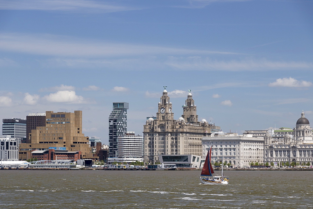 The Royal Liver Building from the Mersey, Liverpool, Merseyside, England, United Kingdom, Europe