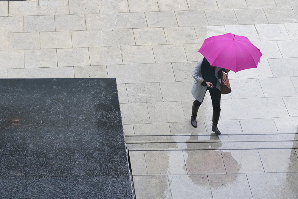 Woman with umbrella and mobile phone walking up steps to Auckland Art Gallery, Auckland, North Island, New Zealand, Pacific