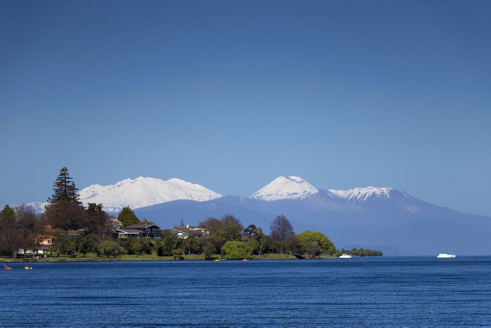 Mount Ruapehu, Ngauruhoe and Tongariro (active volcanoes) from Lake Taupo, North Island, New Zealand, Pacific