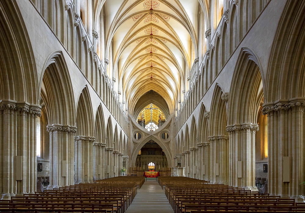 Interior of the Nave looking East, Wells Cathedral, Wells, Somerset, England, United Kingdom, Europe