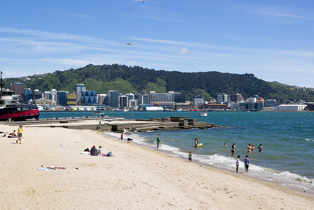 Freyberg Beach and city waterfront in Wellington, New Zealand, Oceania