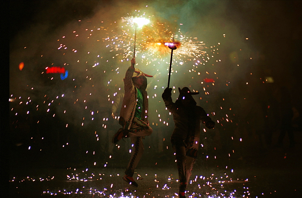 Murcia - Spain Spring Festivals - Burial of the Sardine Dancing with fireworks during the parade 