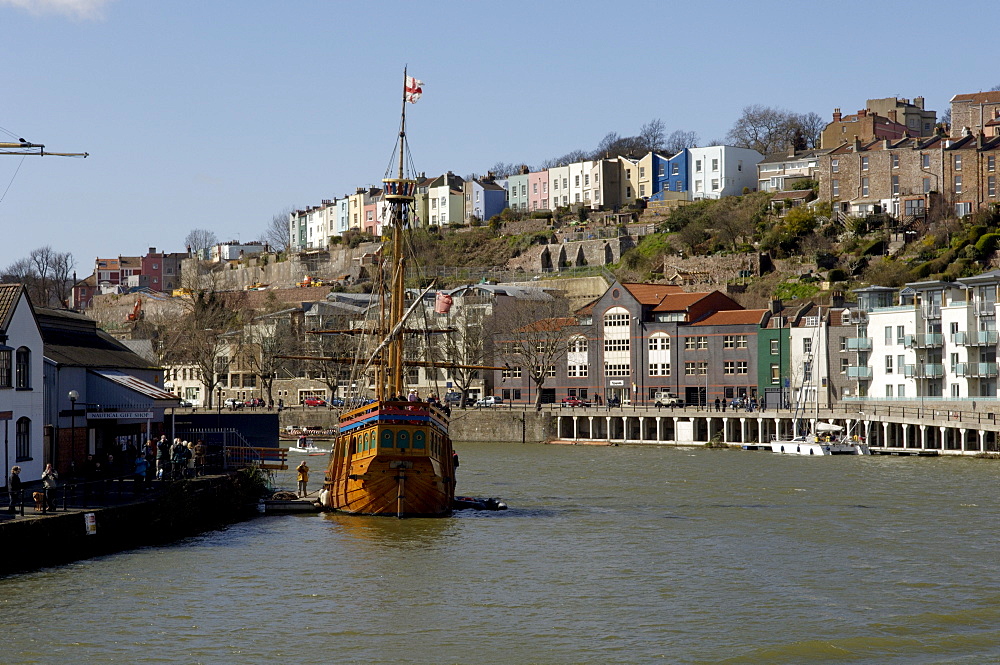 Harbour view to Hotwells with replica sailing ship The Matthew, Bristol, England, United Kingdom, Europe