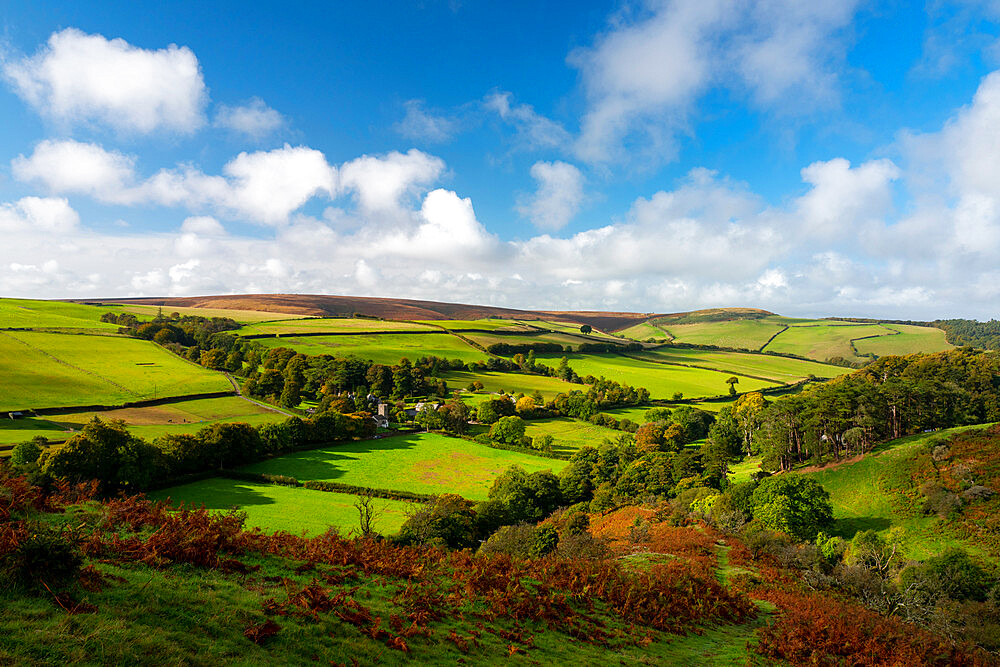 View above Oare village from the Coleridge Way footpath on Exmoor.