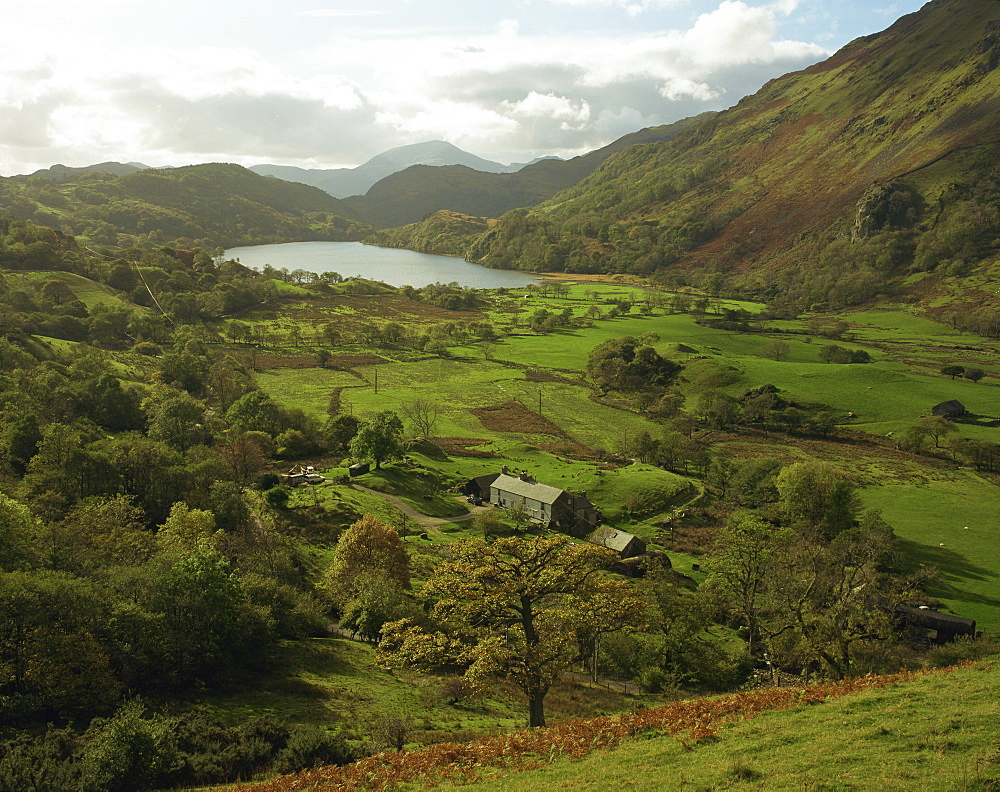 Aerial view over valley and Llyn Gwynant, Snowdonia, Gwynedd, Wales, United Kingdom, Europe