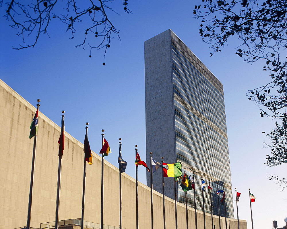 Line of flags outside the United Nations Building, Manhattan, New York City, USA 