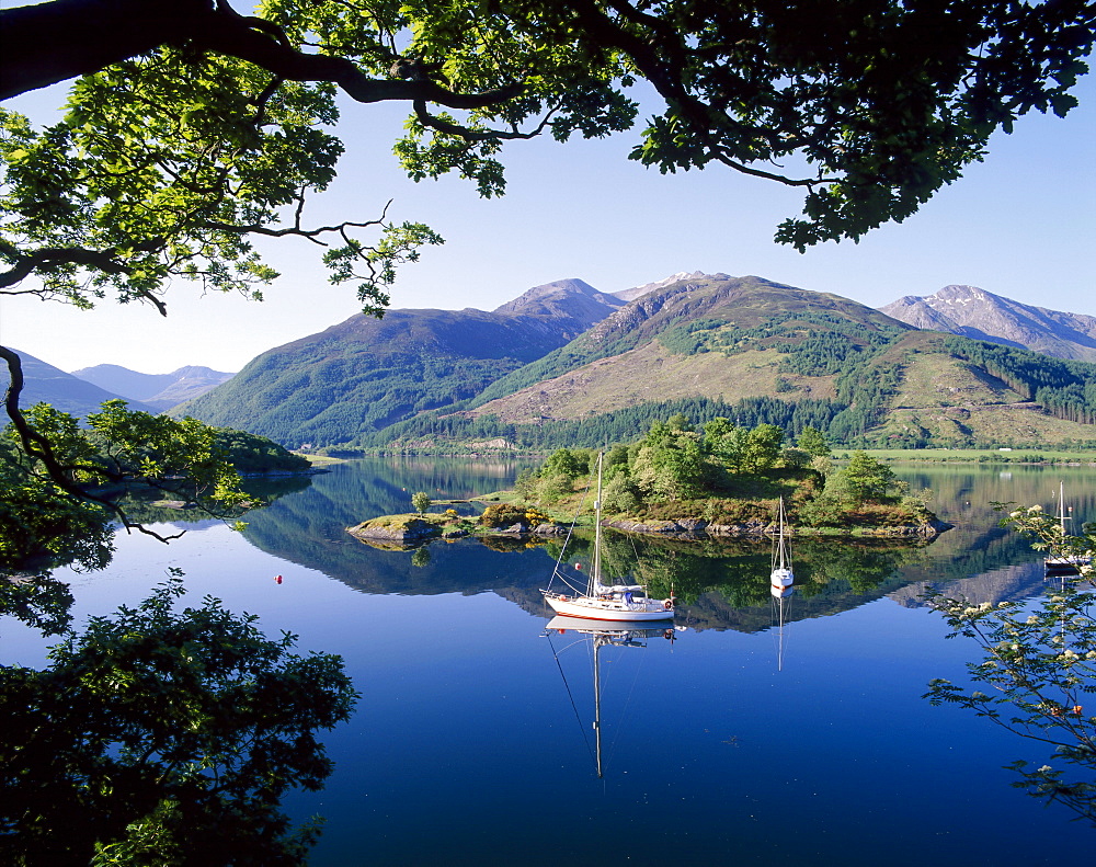 Moored yachts in Bishop's Bay, Loch Leven, Highlands, Scotland, UK 